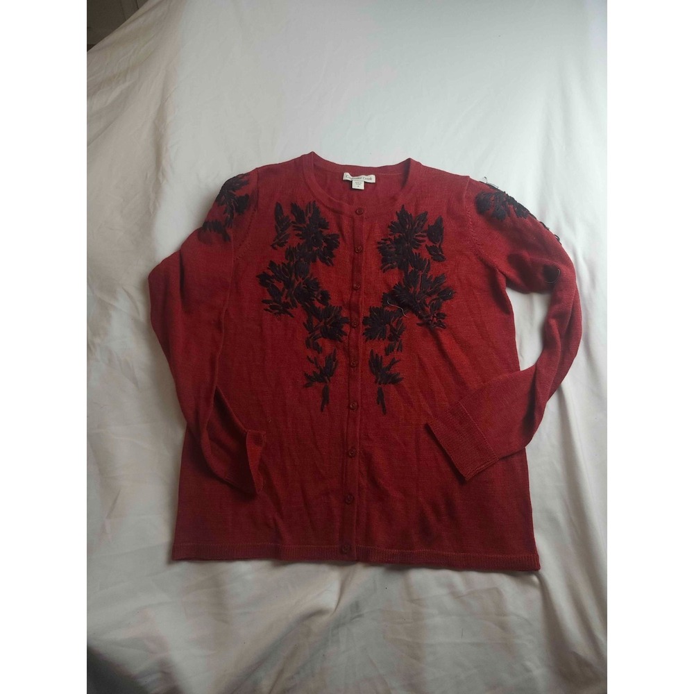 Coldwater Creek Cardigan Sweater Womens M Red Knit Merino Wool Blend Embroidered